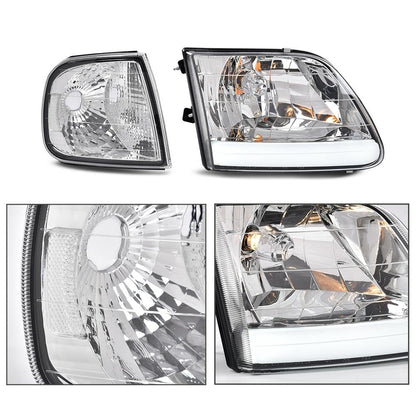 G-PLUS LED DRL Headlights & Corner Parking Lights Compatible with Ford Expedition 1997-2002/Fit Ford F150 1998-2003 Bumper Headlamps Left & Right Clear Lens Chrome Housing Clear Reflector