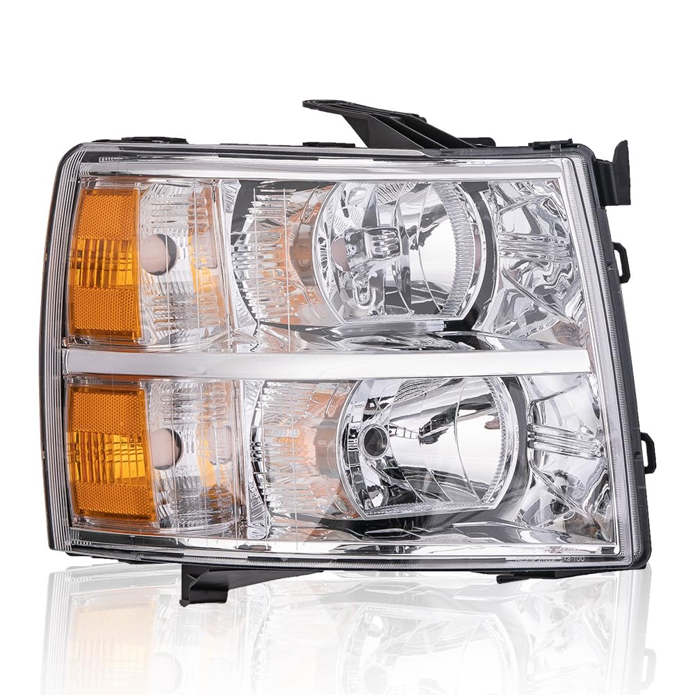 G-PLUS Headlight,Fit 2007-2013 Chevy Silverado 1500/Fit 2007-2014 Chevy Silverado 2500 3500 & HD,Right Side Headlamp Clear Lens Chrome Housing Amber ReflectorBumper Headlamps,faros delanteros