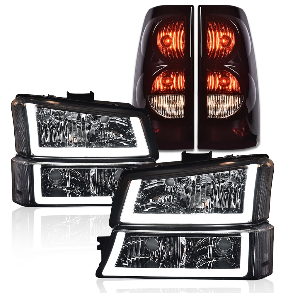 G-PLUS LED Headlights Assembly + Tail Lights Fit Chevy Silverado 1500 1500 HD 2500 2500 HD 2003-2006, Clear Lens Chrome Housing Clear Reflector Headlamps Assembly Dark Red Taillights
