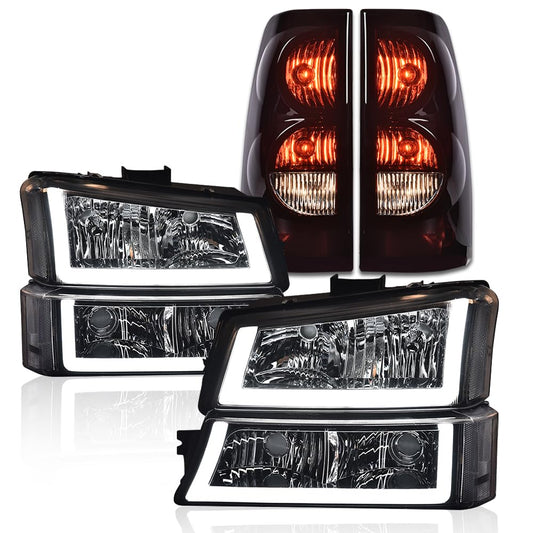G-PLUS LED Headlights Assembly + Tail Lights Fit Chevy Silverado 1500 1500 HD 2500 2500 HD 2003-2006, Clear Lens Chrome Housing Clear Reflector Headlamps Assembly Dark Red Taillights