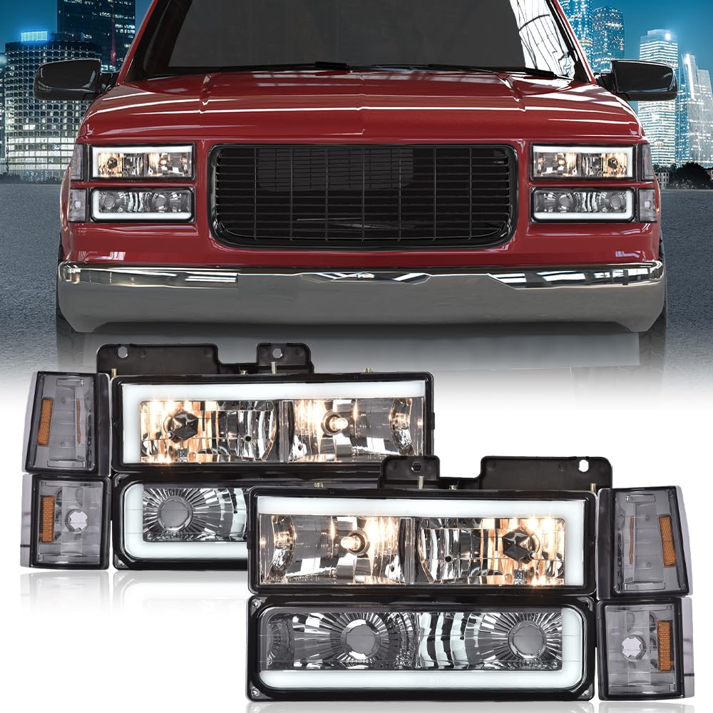 G-PLUS LED Corner Headlights w/Bulbs Fit GMC C/K1500 C/K2500 Yukon Suburban 1994-1999,Fit GMC C/K2500 C/K3500 1994-2000 Smoke Lens Chrome Housing Amber Reflector Bumper Headlamps,faros Assembly
