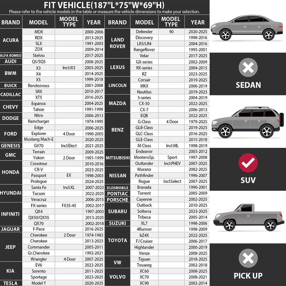 Car Cover Waterproof All Weather For Universal SUV,Full Exterior Cover with Door Zipper and Cotton Lining,Outdoor Rain Sun Snow UV Protection, Indoor Dust and Scratch Resistant YL (187*75*69 inch)