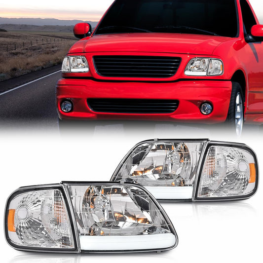 G-PLUS LED DRL Headlights Compatible with Ford Expedition 1997-2002/Fit Ford F150 1998-2003/Fit F250 1997-1999 Bumper Headlamp w/Corner Lamps Clear Lens Chrome Housing Amber Reflector Left & Right