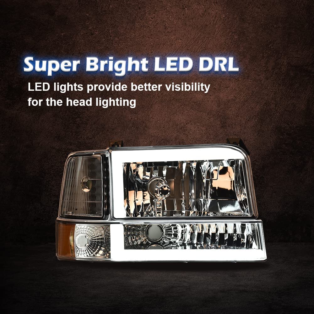 G-PLUS LED DRL Headlights, Fit 1992-1996 Ford Bronco F150 F250 F350 Bumper Headlamps, Smoky Lens Black Housing Clear Reflector,faros delanteros