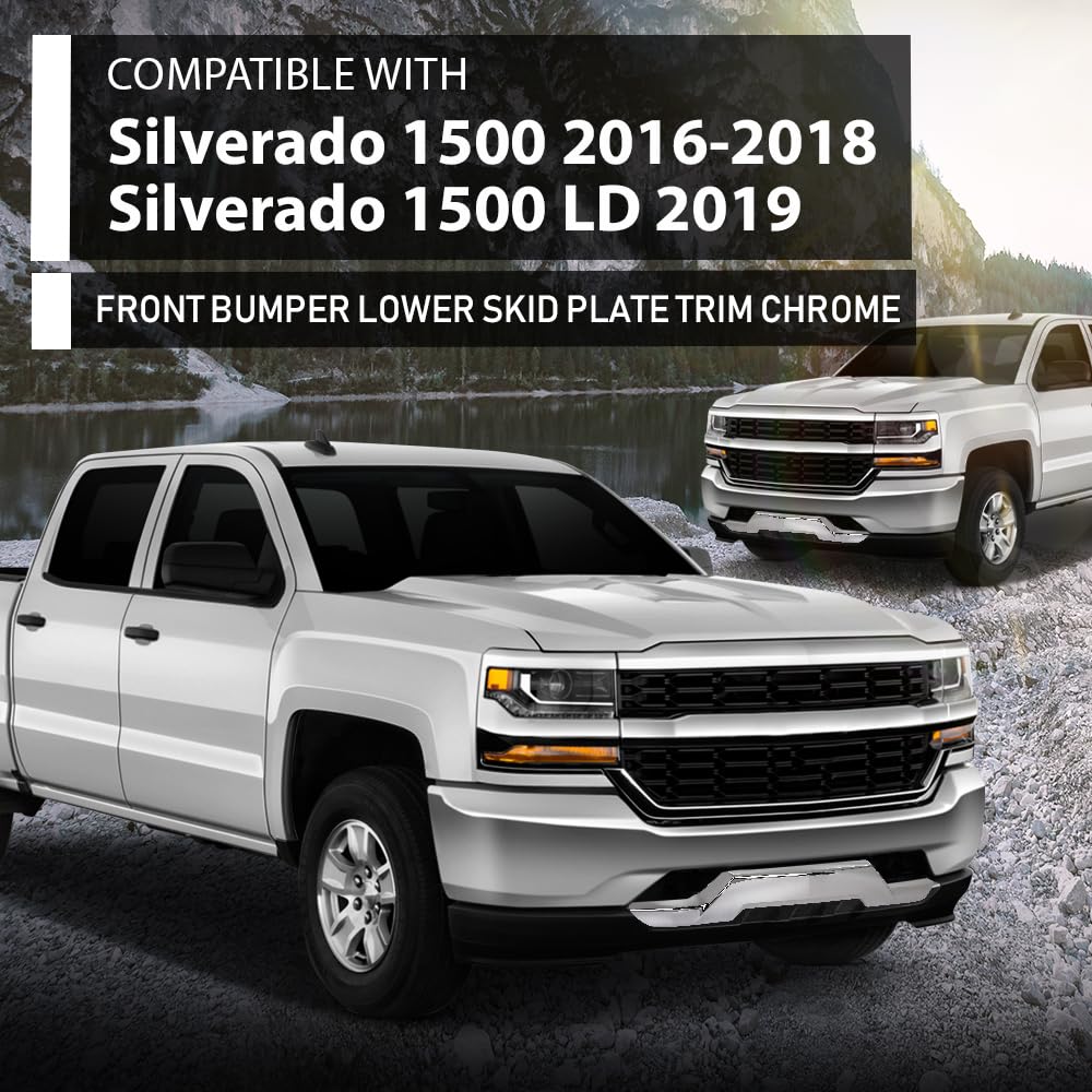 G-PLUS Front Bumper Lower Skid Plate Trim Chrome Fit Chevy Silverado 1500 2016 2017 2018, Fit Chevy Silverado 1500 LD 2019, GM1044128, 23243083, Silver