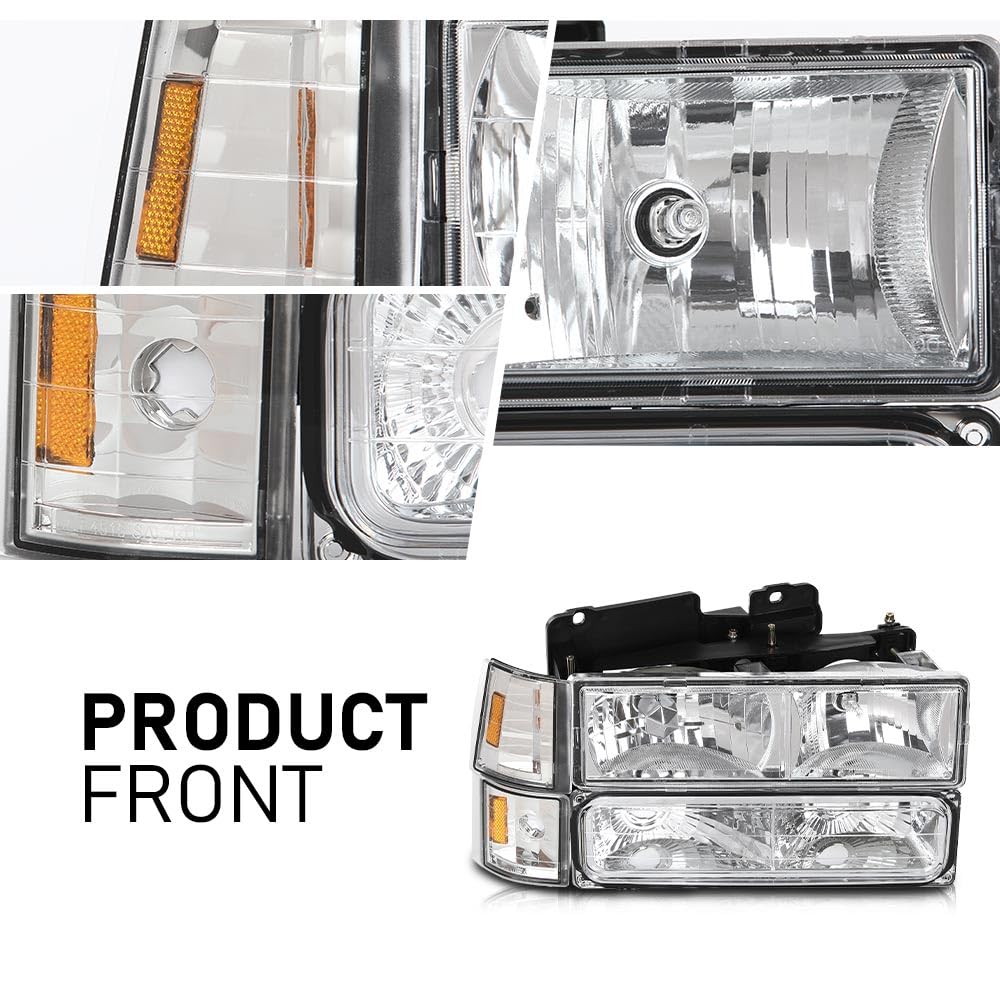 G-PLUS Headlights Assembly w/Bulbs Fit Chevy Suburban C1500 C2500 K1500 K2500 1994-1999, Fit GMC C2500 K2500 1994-2000, Left & Right Headlamps Assembly, Clear Lens Chrome Housing Amber Reflector
