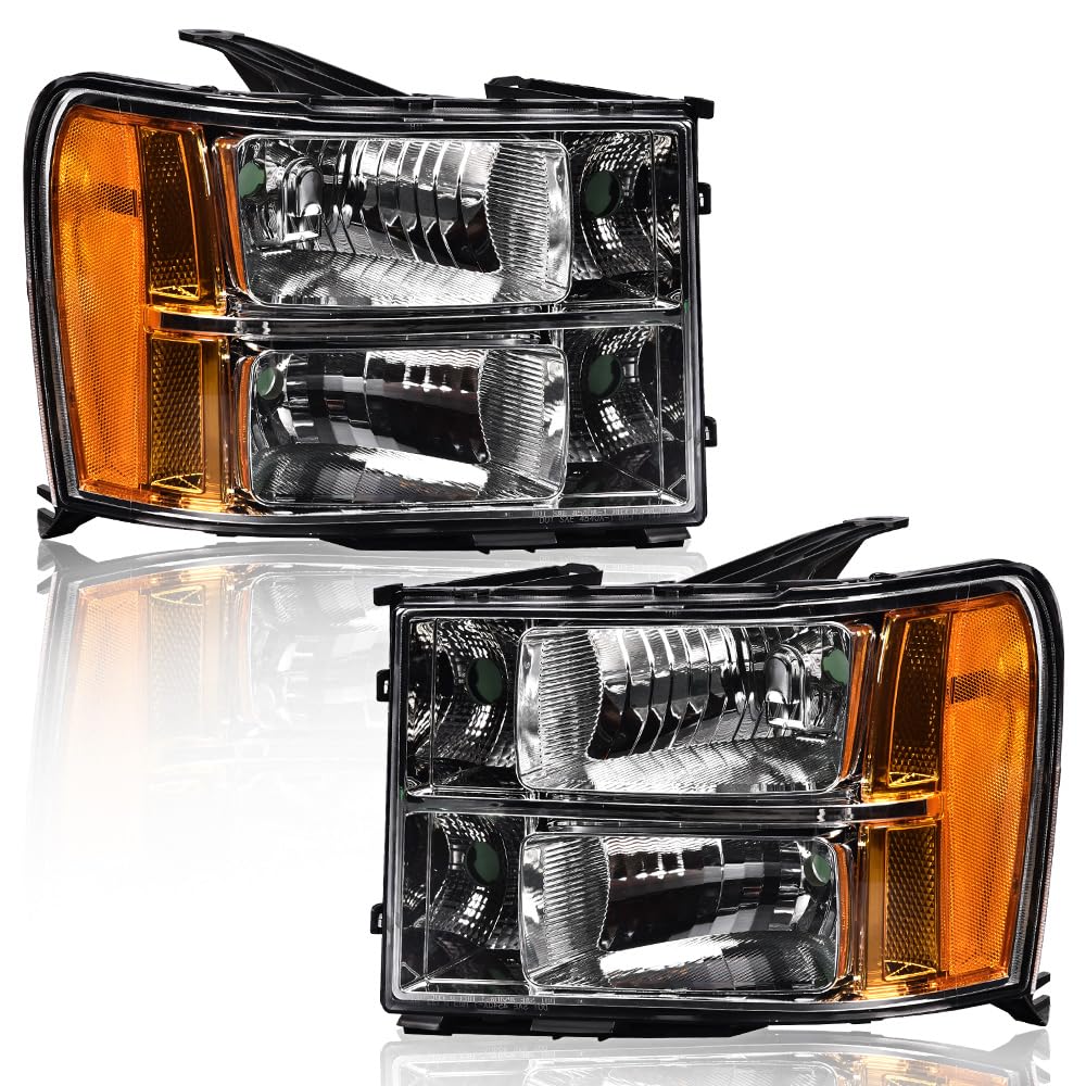 G-PLUS Tube Projector Headlights Assembly Fit GMC Sierra 1500 2500 HD 3500 HD 2007 2008 2009 2010 2011 2012 2013 2014 Headlamps Left & Right Clear Lens Chrome Housing Amber Reflector,faros delanteros