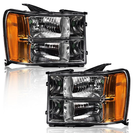 G-PLUS Tube Projector Headlights Assembly HEADLIGHTS | Fit GMC Sierra 1500 2500 HD 3500 HD 2007 2008 2009 2010 2011 2012 2013 2014 Headlamps Left & Right Clear Lens Chrome Housing Amber Reflector,faros delanteros