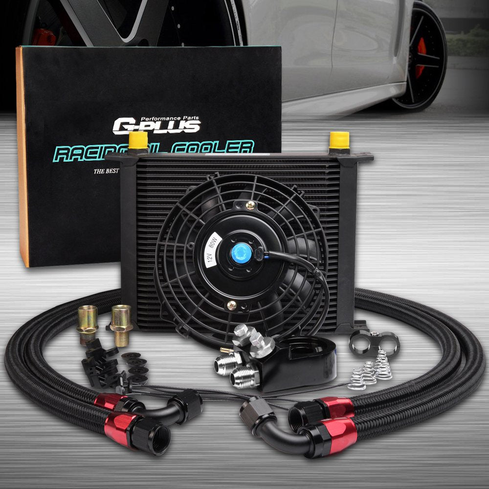 G-PLUS 30 Row 10 AN Universal Engine Oil Cooler Kit + Filter Kit + 7" Electric Fan