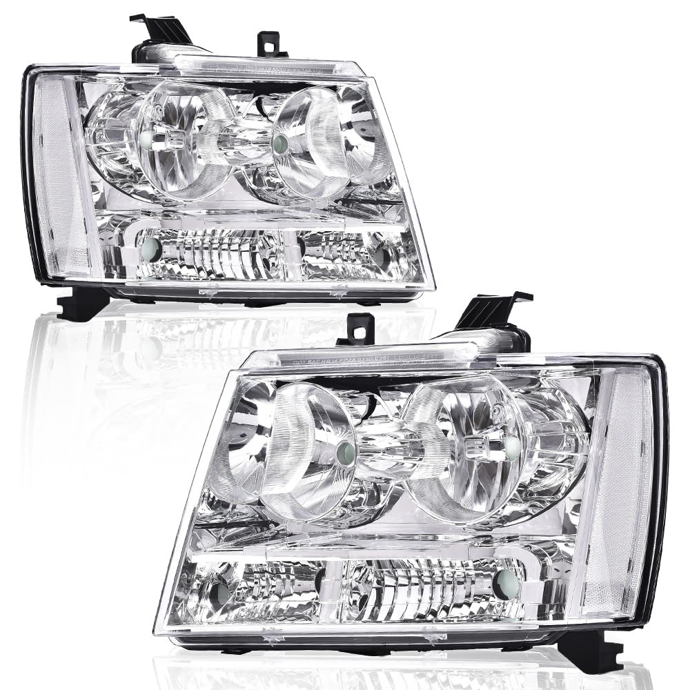 G-PLUS Headlights Assembly Compatible with Chevy Tahoe Subarban Avalanche 2007-2014 Set Pair Bumper Corner Headlamps Left & Right Clear Lens Chrome Housing Clear Reflector,faros delanteros