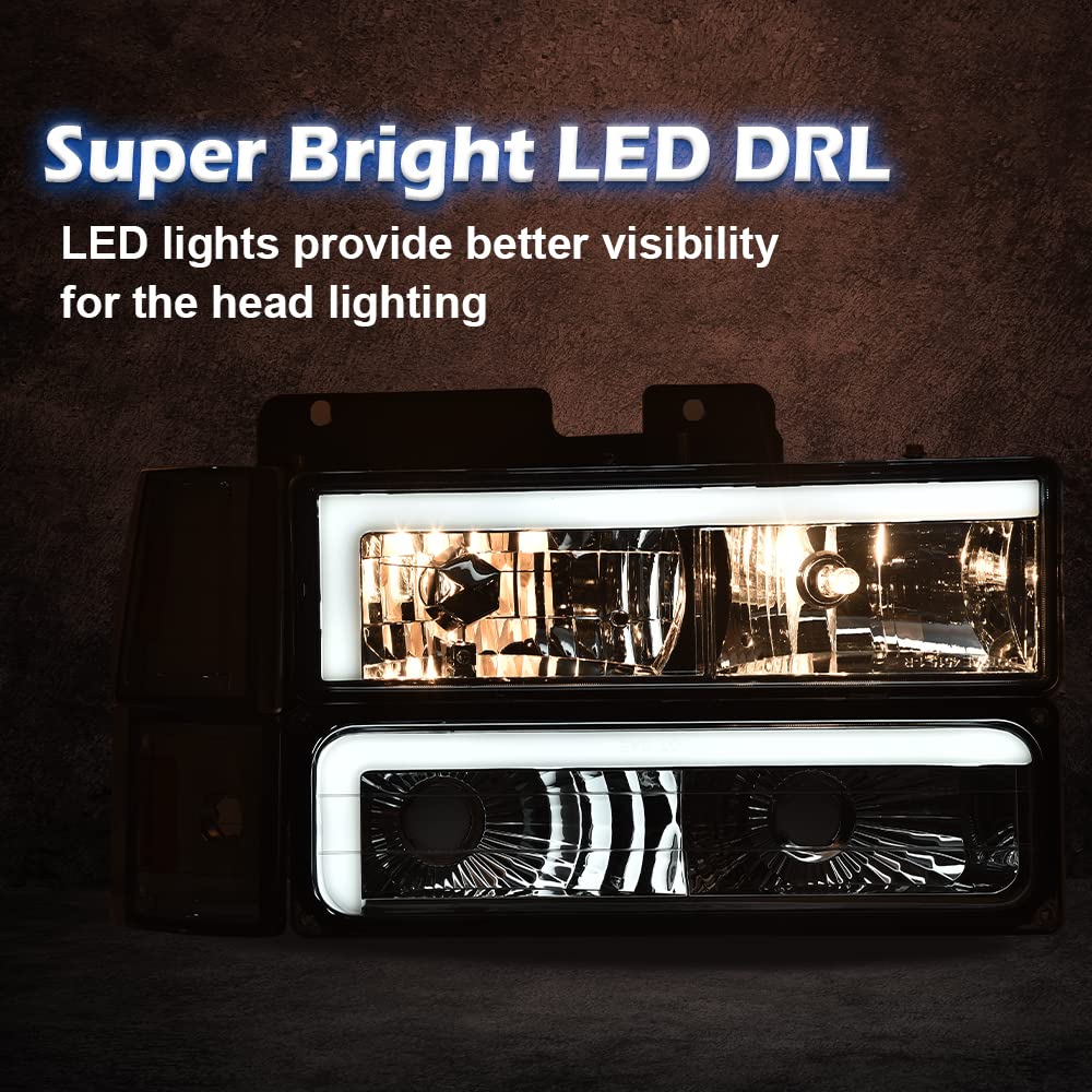 G-PLUS LED DRL headlights, Compatible with 1994 1995 1996 1997 1998 1999 2000 GMC C10 C/K C1500 bumper Headlamp, Smoky lens Chrome Housing Amber Reflector