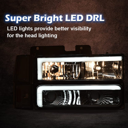 G-PLUS LED DRL headlights, Compatible with 1994 1995 1996 1997 1998 1999 2000 GMC C10 C/K C1500 bumper Headlamp, Smoky lens Chrome Housing Amber Reflector