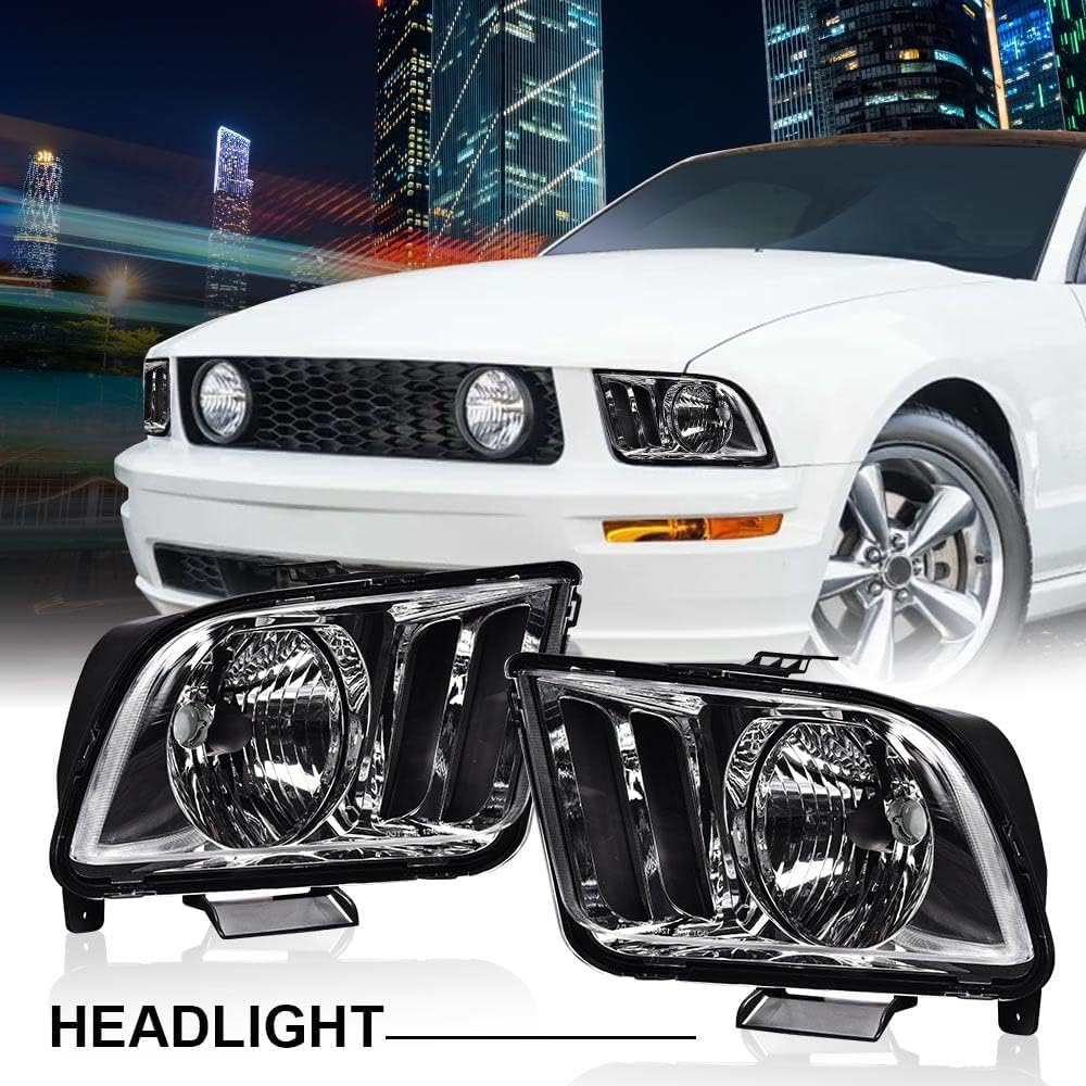 G-PLUS Headlights Assembly Compatible with Ford Mustang 2005-2009 4R3Z13008AA, 4R3Z13008AB Bumper Headlamps Left & Right Clear Lens Chrome Housing Amber Reflector faros delanteros