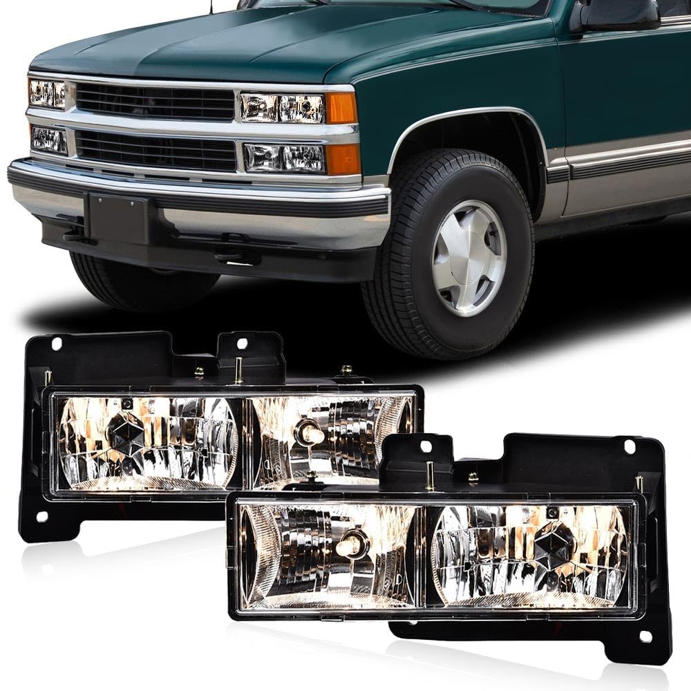 G-PLUS Headlights Assembly Front Headlamp Pair Fit 1994-1998 GMC C/K 1500 2500 Sierra Yukon Suburban Bumper Headlamps, Clear Lens Chrome Housing Amber Reflector（NO LED,faros delanteros Assembly