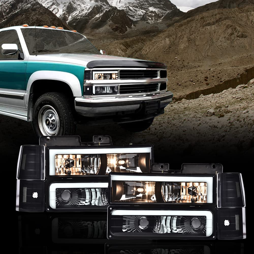 G-PLUS LED DRL headlights, Compatible with 1994 1995 1996 1997 1998 1999 2000 GMC C10 C/K C1500 bumper Headlamp, Smoky lens Black Housing Clear Reflector