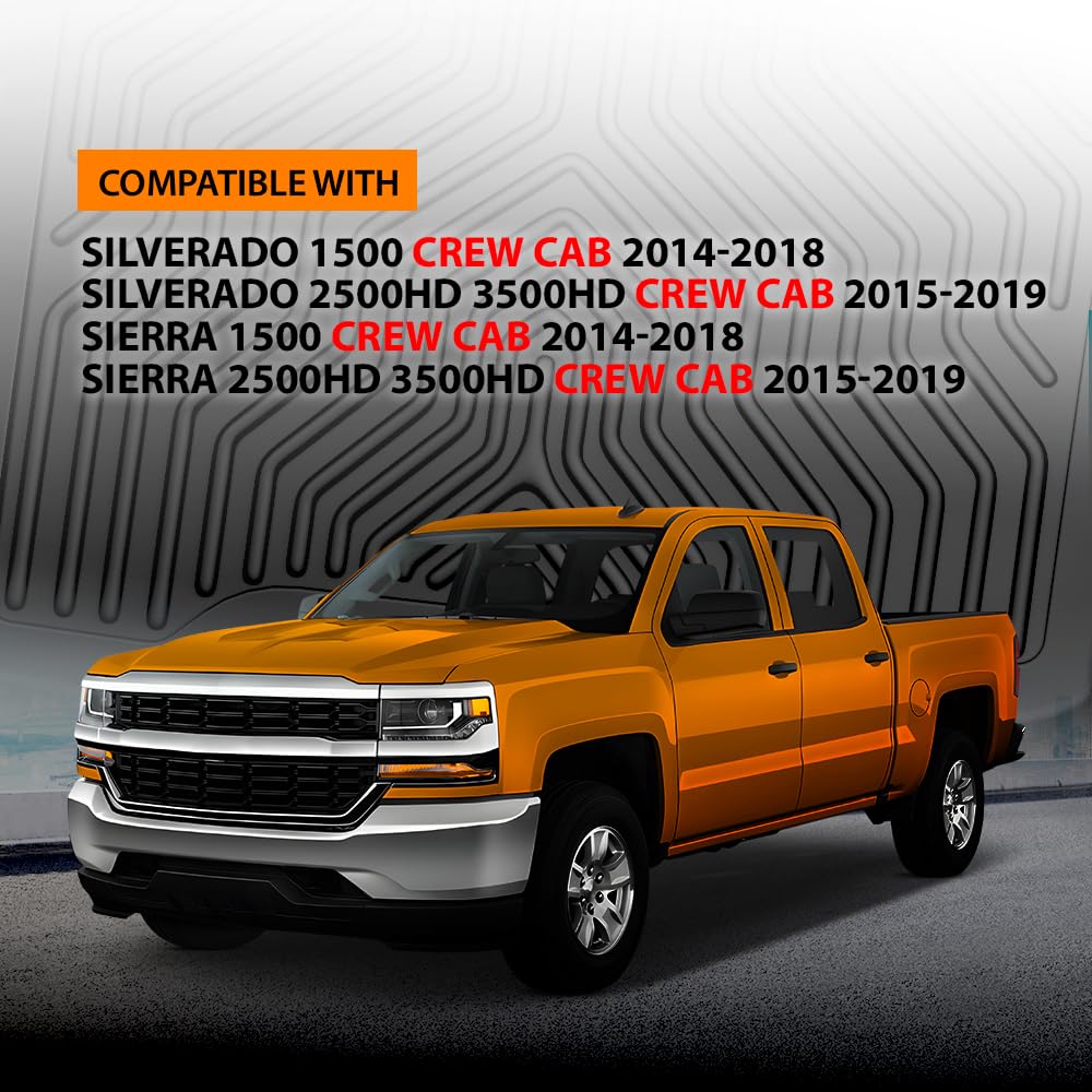 G-PLUS Floor Mats,Fit Chevy Silverado & GMC Sierra 1500 Crew Cab 2014-2018/Fit Silverado & Sierra 2500HD 3500HD Crew Cab 2015-2019,TPE Custom Fit All Weather Protection 1st & 2nd Floor Liners Black