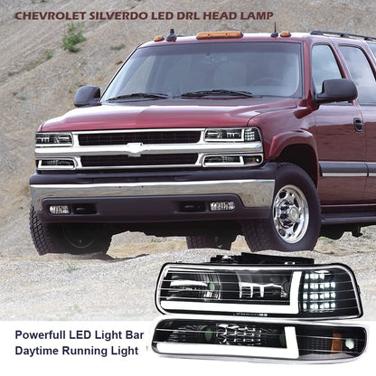 G-PLUS LED DRL Headlights, Compatible with 1999 2000 2001 200 2003 2004 2005 2006 Silverado/Suburban Bumper Headlamps, Clear Lens Black Housing Amber Reflector