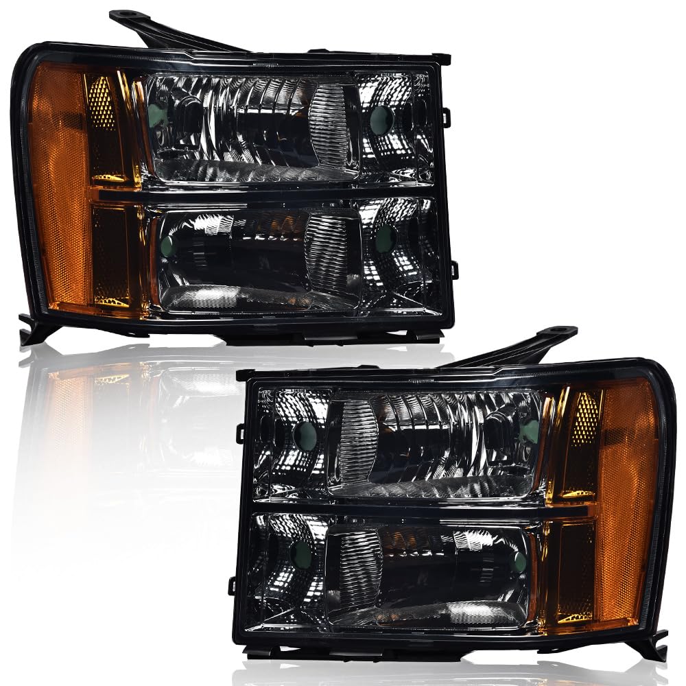 G-PLUS Headlights Assembly Compatible with 2007-2013 GMC Sierra 1500,Fit 2007-2014 GMC Sierra 2500 HD 3500HD Bumper Headlamps, Smoky Lens Chrome Housing Amber Reflector,faros delanteros