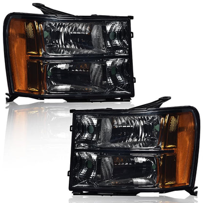 G-PLUS Headlights Assembly Compatible with 2007-2013 GMC Sierra 1500,Fit 2007-2014 GMC Sierra 2500 HD 3500HD Bumper Headlamps, Smoky Lens Chrome Housing Amber Reflector,faros delanteros