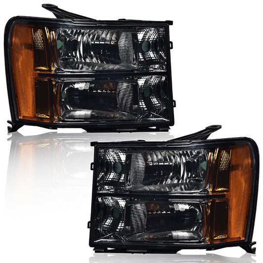 G-PLUS Headlights Assembly Compatible with 2007-2013 GMC Sierra 1500,Fit 2007-2014 GMC Sierra 2500 HD 3500HD Bumper Headlamps, Smoky Lens Chrome Housing Amber Reflector,faros delanteros