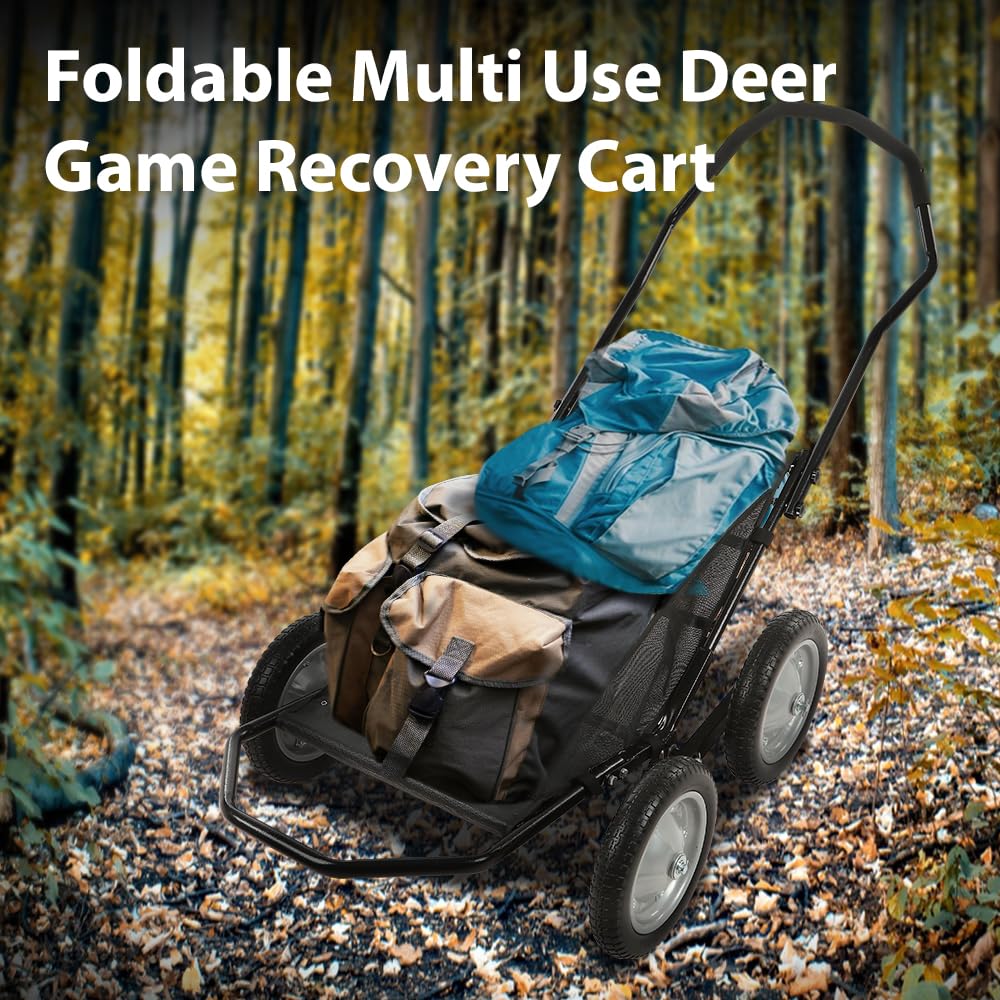 G-PLUS 500 Pounds Capacity Foldable Multi Use Deer Game Recovery Cart Utility Gear Dolly with 4 Oversized Wheels All Terrain Cart Black