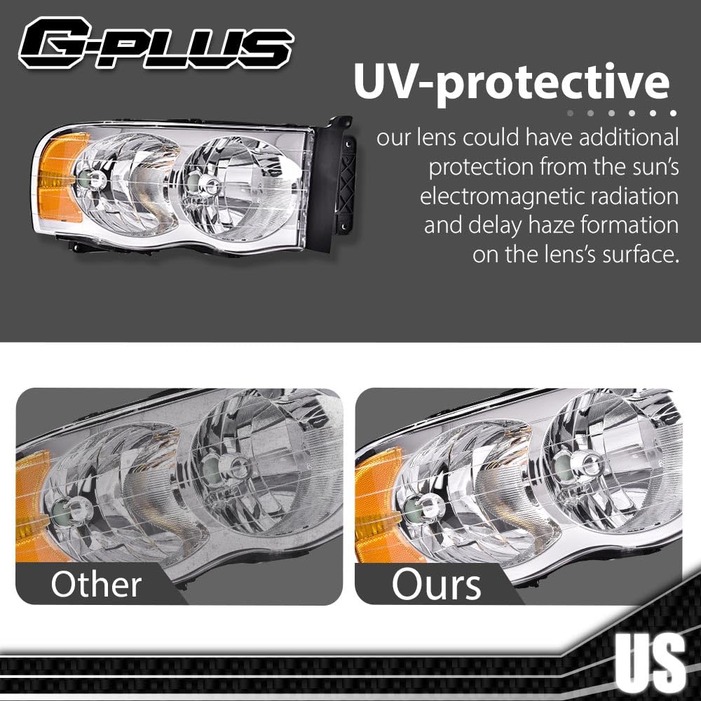 G-PLUS Headlights Bumper Headlamps Assembly Compatible with 2002-2005 Dodge Ram 1500 2500 3500, Clear Lens Chrome Housing Amber Reflector,faros delanteros