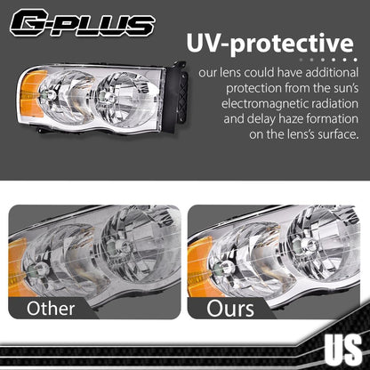 G-PLUS Headlights Bumper Headlamps Assembly Compatible with 2002-2005 Dodge Ram 1500 2500 3500, Clear Lens Chrome Housing Amber Reflector,faros delanteros