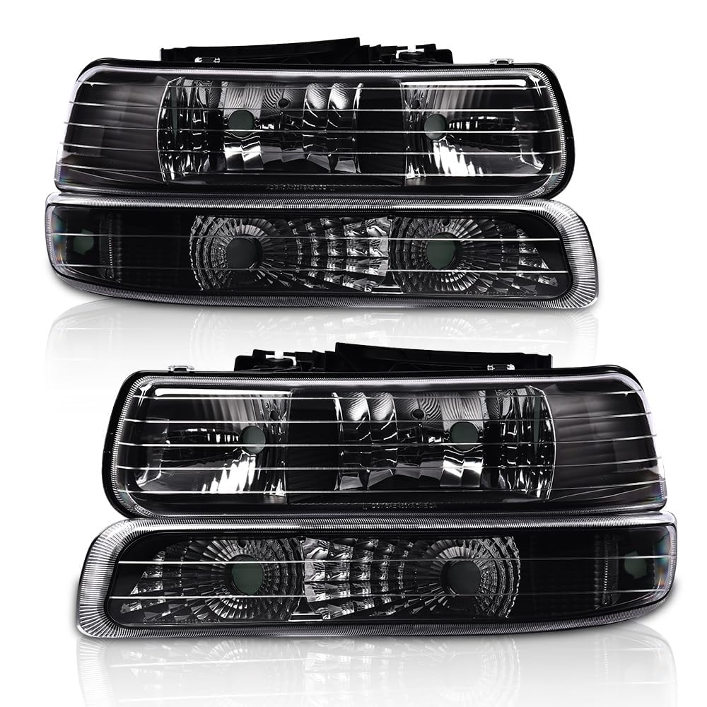 G-PLUS Headlights Assembly, Compatible with 1999-2002 Chevy Silverado/ 2000-2006 Suburban Tahoe Bumper Headlamps, Clear Lens Black Housing Clear Reflector,faros delanteros