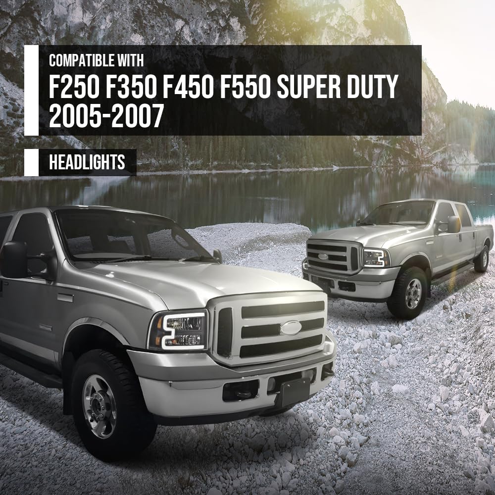 G-PLUS LED DRL BAR Headlight Assembly Compatible with Ford F250 F350 F450 F550 Super Duty 2005-2007/Fit Ford Excursion 2005 HeadLamps Clear lens Black Housing Amber Reflector FO2503217 ‎6C3Z13008CB