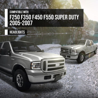 G-PLUS LED DRL BAR Headlight Assembly Compatible with Ford F250 F350 F450 F550 Super Duty 2005-2007/Fit Ford Excursion 2005 HeadLamps Clear lens Black Housing Amber Reflector FO2503217 ‎6C3Z13008CB