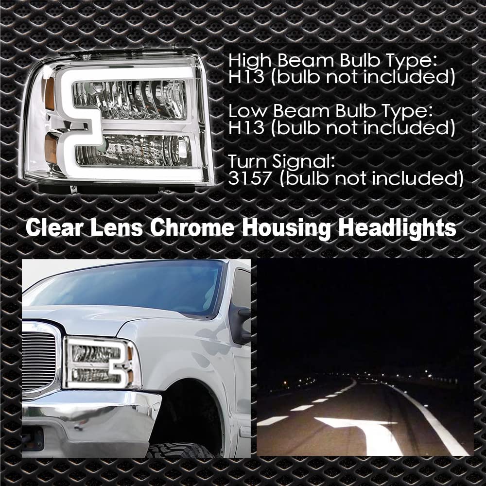 G-PLUS LED DRL Headlights, Compatible with 2005 2006 2007 Ford F250 F350 F450 F550 Super Duty Bumper Headlamps, Clear Lens Chrome Housing Amber Reflector
