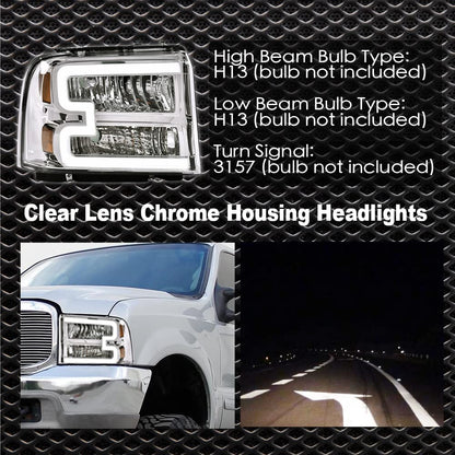 G-PLUS LED DRL Headlights, Compatible with 2005 2006 2007 Ford F250 F350 F450 F550 Super Duty Bumper Headlamps, Clear Lens Chrome Housing Amber Reflector