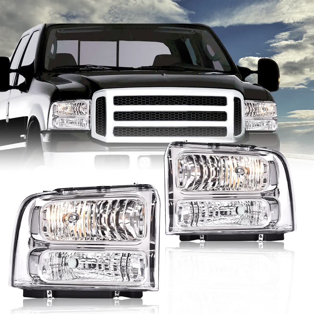 G-PLUS Headlights Assembly Compatible with Ford F250 F350 F450 F550 Super Duty 1999-2004, Fit Ford Excursion 2000-2004 Left & Right Headlamps Assembly, Clear Lens Chrome Housing Clear Reflector