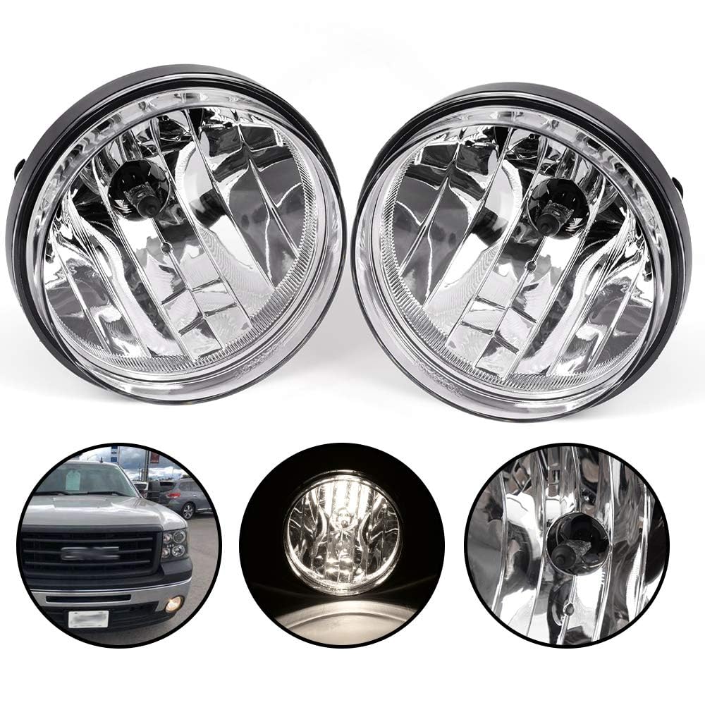 G-PLUS Left and Right Front Bumper Driving Fog Lights Lamps + H8 Bulbs Compatible With GMC Sierra 1500 2500HD 3500HD 2007 2008 2009 2010 2011 2012 2013 Pickup Clear Lens Faro Antiniebla