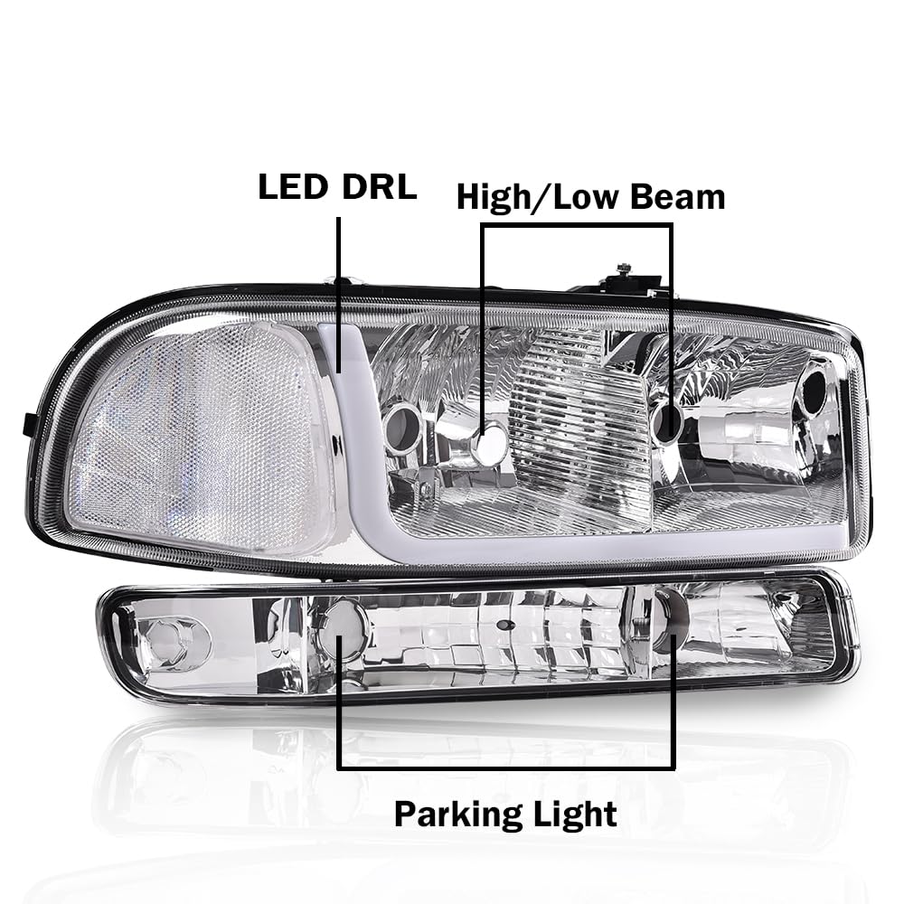 G-PLUS LED Headlights Assembly Compatible with GMC Yukon XL 1500 2500 1999-2006/Fit GMC Sierra 1500HD 2500HD 3500 1999-2007,Pair Headlamps Clear Lens Chrome Housing Clear Reflector,faros delanteros