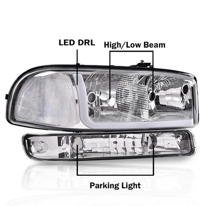 G-PLUS LED Headlights Assembly Compatible with GMC Yukon XL 1500 2500 1999-2006/Fit GMC Sierra 1500HD 2500HD 3500 1999-2007,Pair Headlamps Clear Lens Chrome Housing Clear Reflector,faros delanteros
