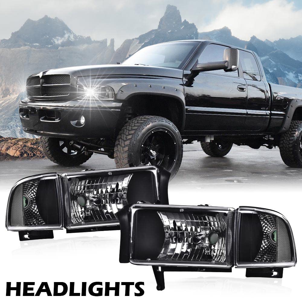 G-PLUS Headlights Lamps Fit 1994-2001 Dodge Ram 1500/1994-2002 Dodge Ram 2500 3500,Not fit Ram Sport,Clear Lens Black Housing Clear Reflector w/o Bulbs Bumper Headlamps,faros delanteros Assembly
