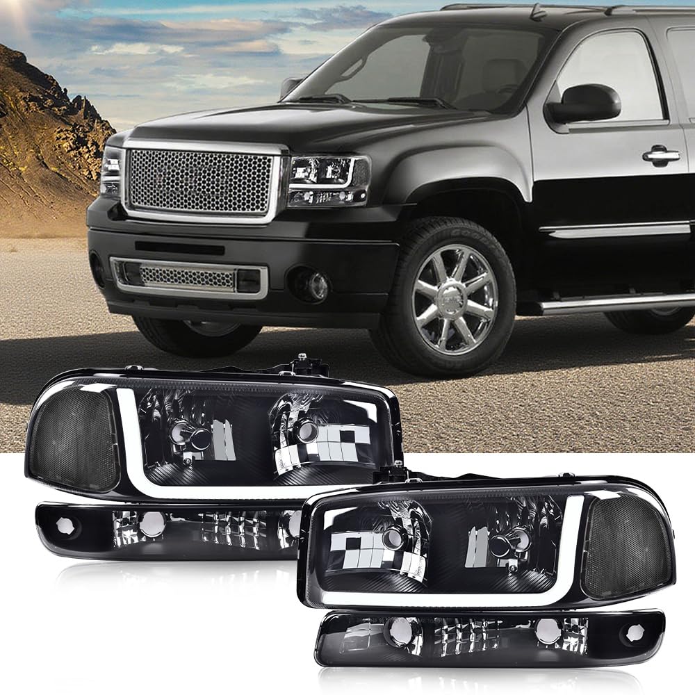 G-PLUS LED Headlights Assembly Compatible with 1999-2007 GMC Sierra 1500HD 2500HD 3500/Fit 1999-2006 GMC Yukon XL 1500 2500,DRL Headlamps Pair Smoky Lens Black Housing Clear Reflector,faros delanteros