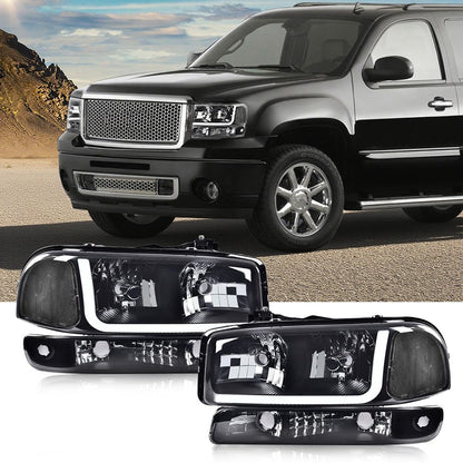 G-PLUS LED Headlights Assembly Compatible with 1999-2007 GMC Sierra 1500HD 2500HD 3500/Fit 1999-2006 GMC Yukon XL 1500 2500,DRL Headlamps Pair Smoky Lens Black Housing Clear Reflector,faros delanteros