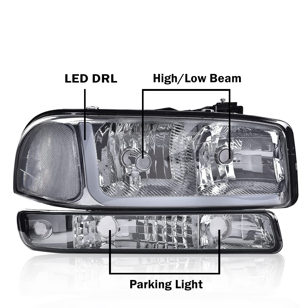 G-PLUS LED DRL Headlights Assembly, Compatible with 1999-2007 GMC Sierra 1500/2001-2007 GMC Sierra 1500 HD Bumper Headlamps, Smoky Lens Chrome Housing Clear Reflector,faros delanteros