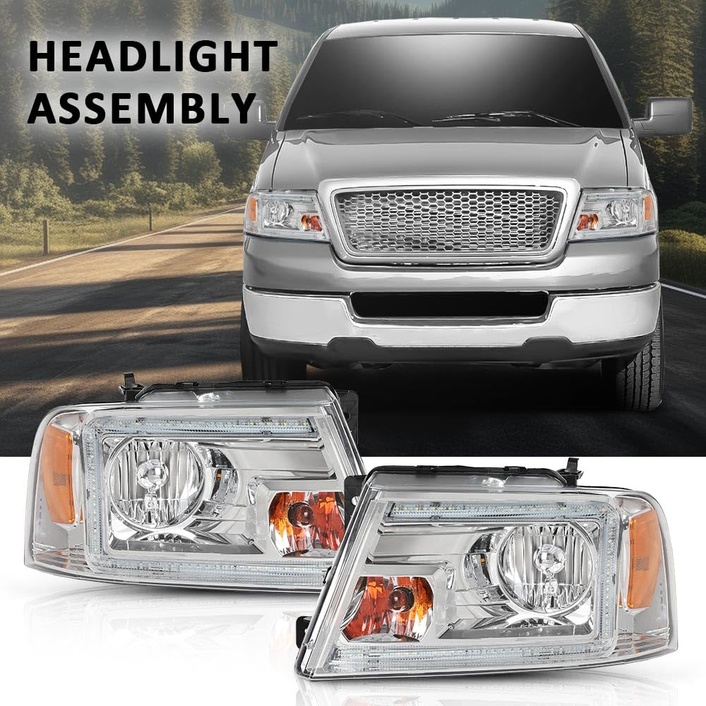 G-PLUS LED DRL Headlights Fit Ford F150 2004-2008, Fit Lincoln Mark LT 2006-2008(NOT Fit 2004 F150 Heritage/Flareside Beds),Pair Headlamps Clear Lens Chrome Housing Amber Reflector,faros delanteros