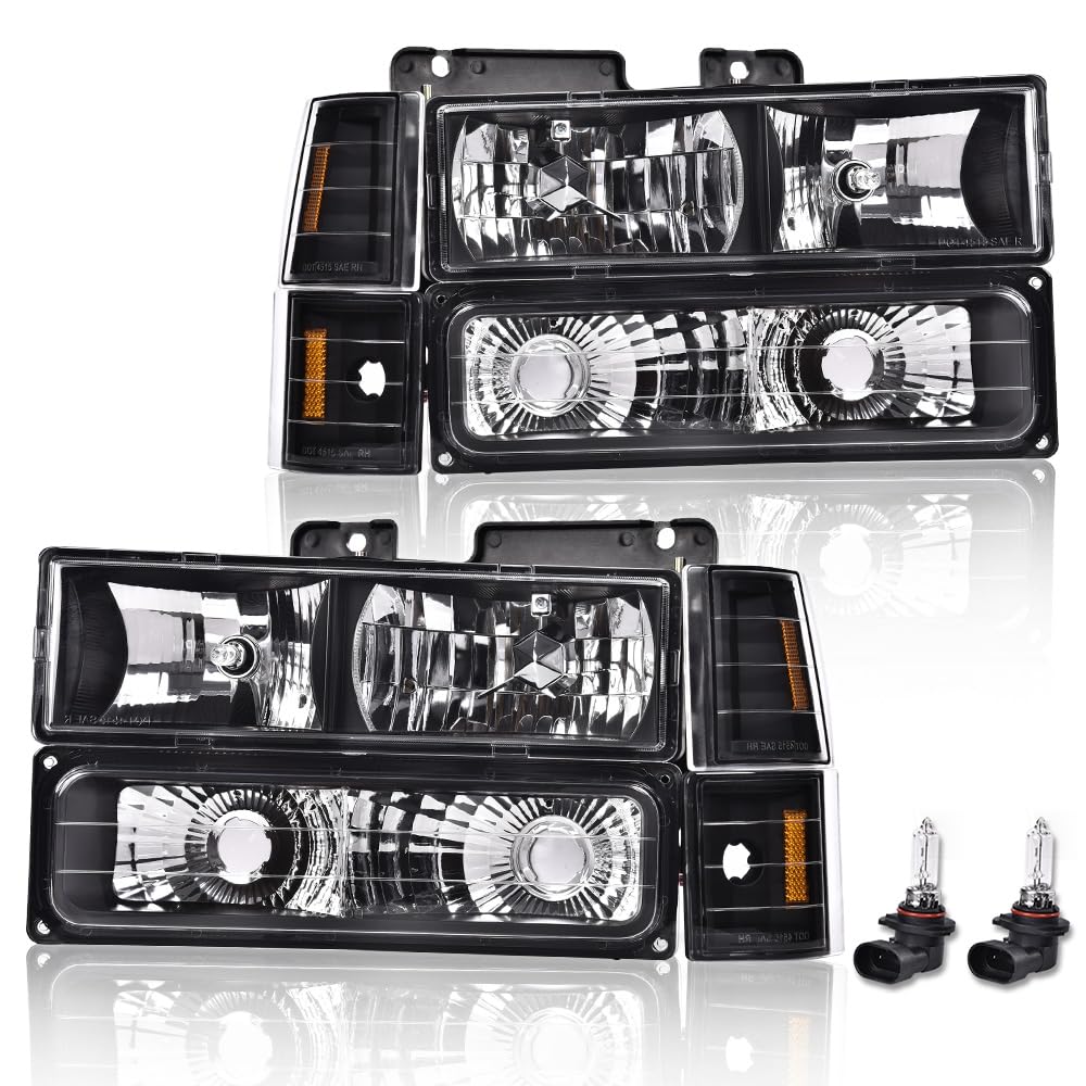G-PLUS Headlights Assembly, Fit 1994 1995 1996 1997 1998 1999 GMC C1500 K1500 Yukon Bumper Headlamps, Clear Lens Black Housing Amber Reflector,faros delanteros