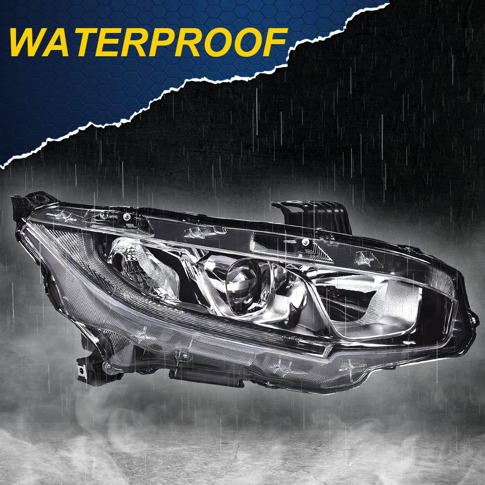 G-PLUS Headlights Assembly, Compatible with 2016 2017 2018 2019 2020 2021 Honda Civic Right bumper Headlamp, Clear lens Chrome Housing Clear Reflector