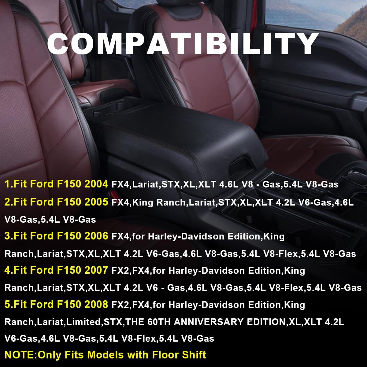G-PLUS Leather Center Console Lid Cover Pad Compatible with Ford F150 2004 2005 2006 2007 2008 Pickup Truck 5L3Z1506024AAC (Only Fits Models with Floor Shift)
