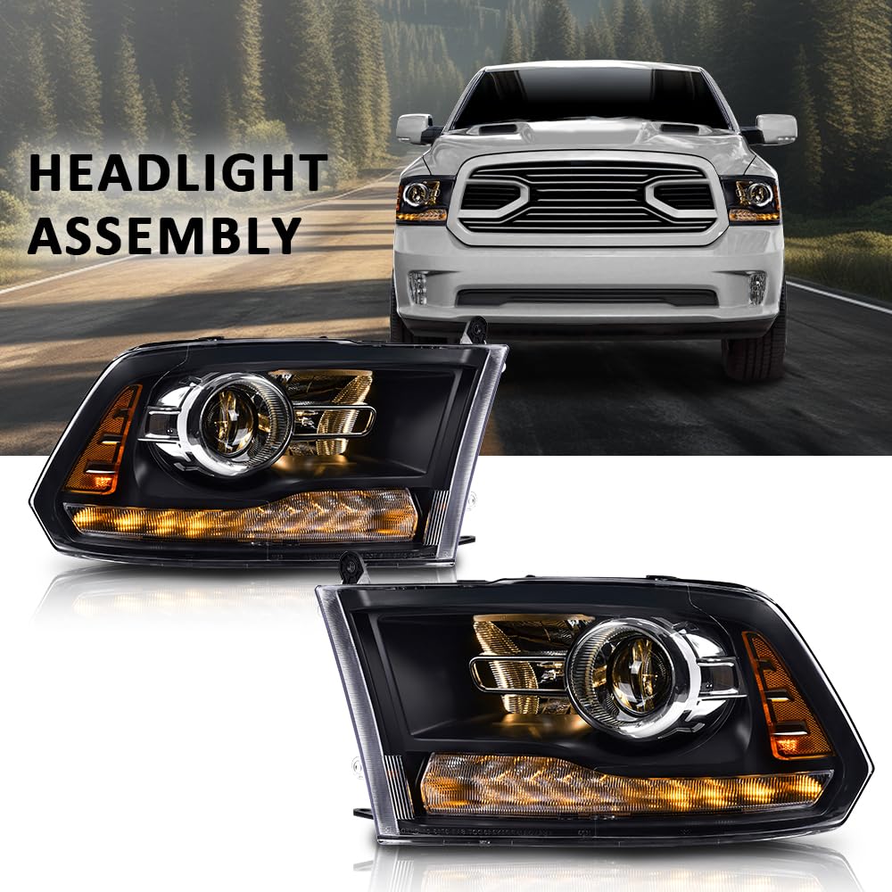 G-PLUS LED Projector Headlights Assembly Fit 2009-2012 Dodge Ram 1500 2500 3500,Front Headlamps Left& Right,Headlight Clear Lens Black Housing Amber Reflector,faros delanteros