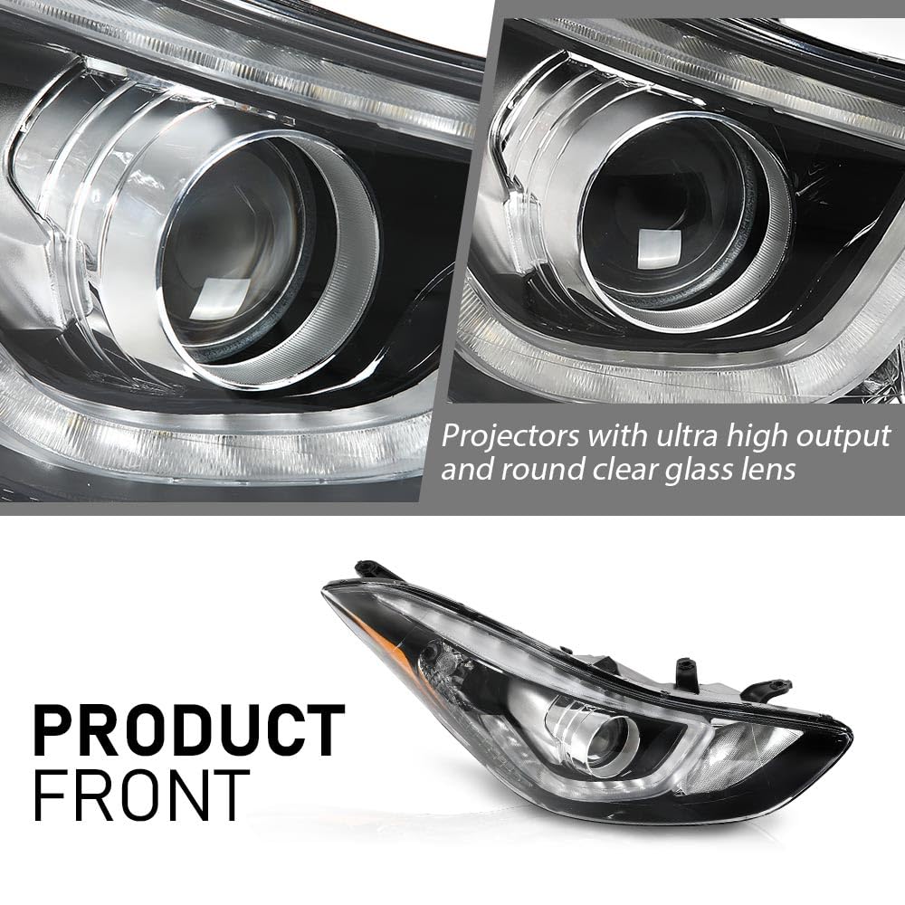 G-PLUS Headlight DRL LED Projector Right Passenger Compatible with Hyundai Elantra 2014-2016 Clear Lens Black Housing Amber Reflector Bumper Headlamps,faros delanteros