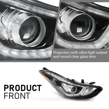 G-PLUS Headlight DRL LED Projector Right Passenger Compatible with Hyundai Elantra 2014-2016 Clear Lens Black Housing Amber Reflector Bumper Headlamps,faros delanteros