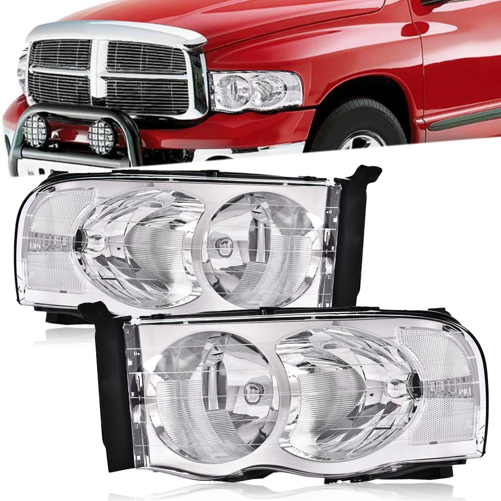 G-PLUS Headlights Assembly, Compatible with Dodge Ram 1500 2500 3500 2002 2003 2004 2005 Bumper Headlamps, Clear lens Chrome Housing Clear Reflector