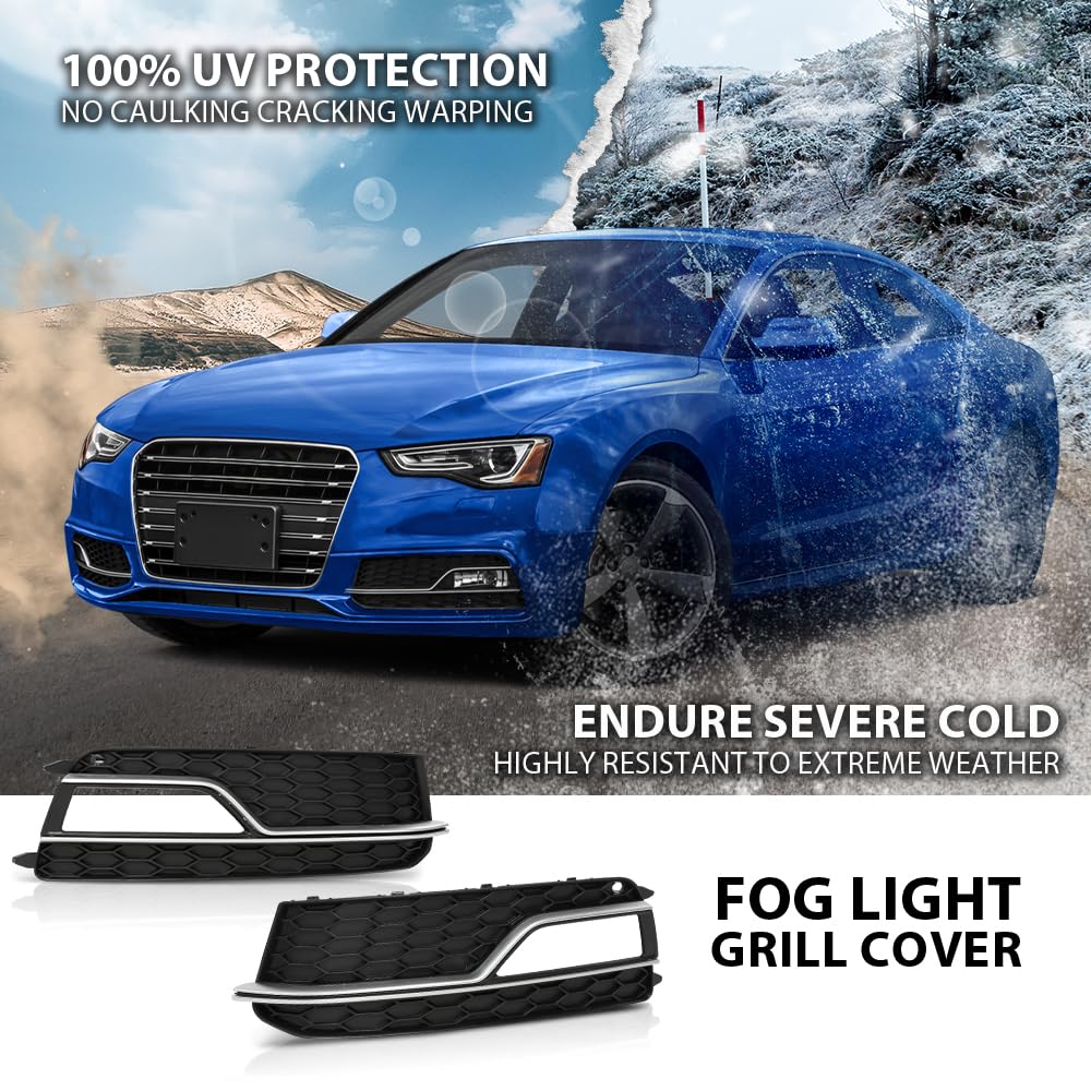 G-PLUS Front Bumper Fog Light Grille Grill Cover Black with Silver Ring Compatible with 2013-2016 Audi A5 S-Line/S5 (Facelift | LCI)/ Fit for First Generation/NOT Fit models with standard/RS bumper