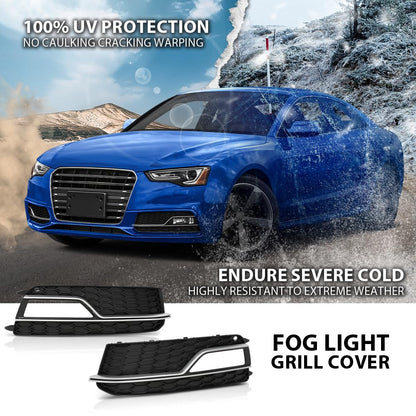 G-PLUS Front Bumper Fog Light Grille Grill Cover Black with Silver Ring Compatible with 2013-2016 Audi A5 S-Line/S5 (Facelift | LCI)/ Fit for First Generation/NOT Fit models with standard/RS bumper